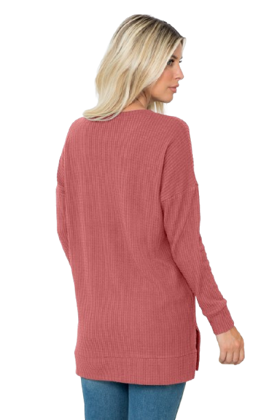 Plus Size Brushed Waffle Round Neck Side Slit Sweater Mauve Deep - Pack of 6