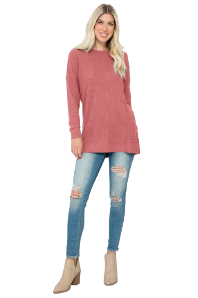 Plus Size Brushed Waffle Round Neck Side Slit Sweater Mauve Deep - Pack of 6