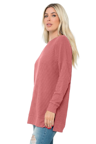 Plus Size Brushed Waffle Round Neck Side Slit Sweater Mauve Deep - Pack of 6