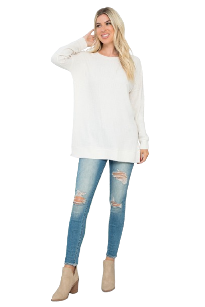 Plus Size Brushed Waffle Round Neck Side Slit Sweater Natural - Pack of 6