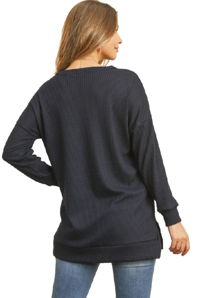 Plus Size Brushed Waffle Round Neck Side Slit Sweater Navy - Pack of 6