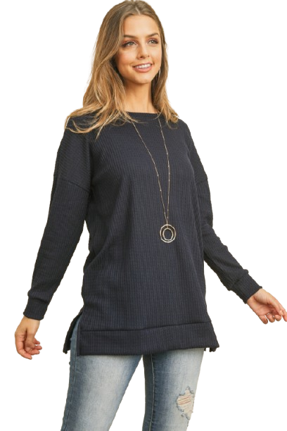 Plus Size Brushed Waffle Round Neck Side Slit Sweater Navy - Pack of 6