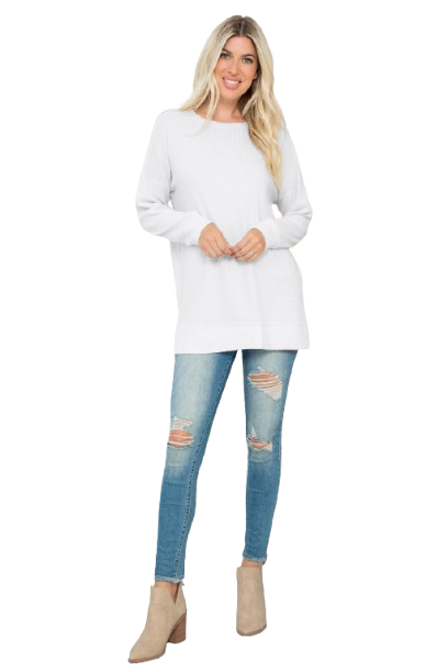 Plus Size Brushed Waffle Round Neck Side Slit Sweater Off White - Pack of 6