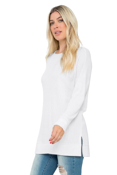 Plus Size Brushed Waffle Round Neck Side Slit Sweater Off White - Pack of 6
