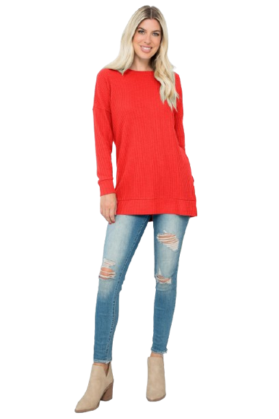 Plus Size Brushed Waffle Round Neck Side Slit Sweater Rust - Pack of 6