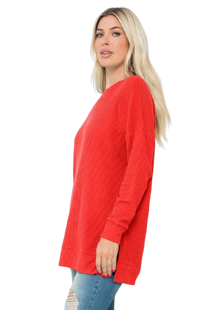 Plus Size Brushed Waffle Round Neck Side Slit Sweater Rust - Pack of 6