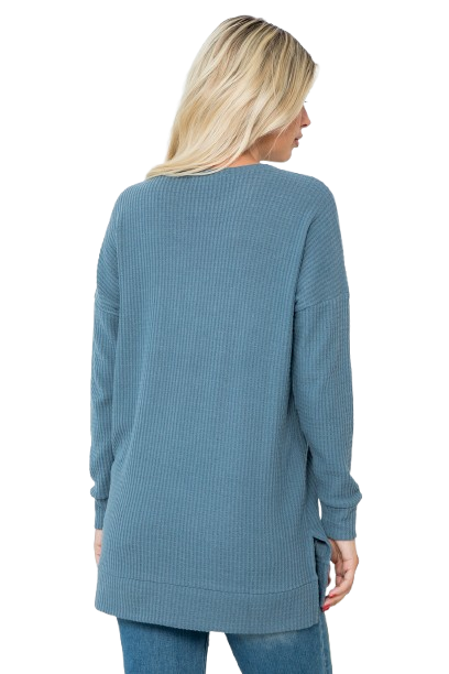 Plus Size Brushed Waffle Round Neck Side Slit Sweater Teal Denim - Pack of 6