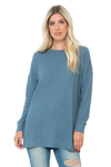 Plus Size Brushed Waffle Round Neck Side Slit Sweater Teal Denim - Pack of 6