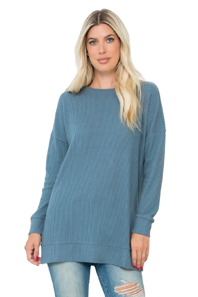 Plus Size Brushed Waffle Round Neck Side Slit Sweater Teal Denim - Pack of 6