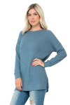 Plus Size Brushed Waffle Round Neck Side Slit Sweater Teal Denim - Pack of 6
