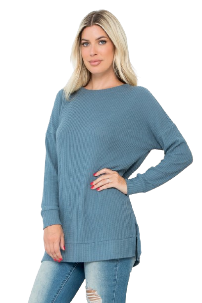 Plus Size Brushed Waffle Round Neck Side Slit Sweater Teal Denim - Pack of 6