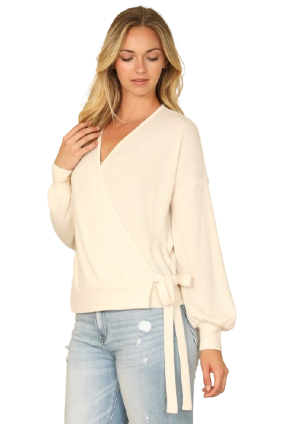 Solid Long Peasant Sleeve Surplice Neck Side Tie Top Beige - Pack of 6