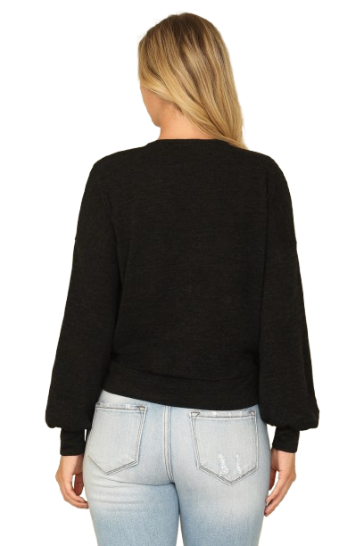 Solid Long Peasant Sleeve Surplice Neck Side Tie Top Black - Pack of 6