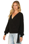 Solid Long Peasant Sleeve Surplice Neck Side Tie Top Black - Pack of 6