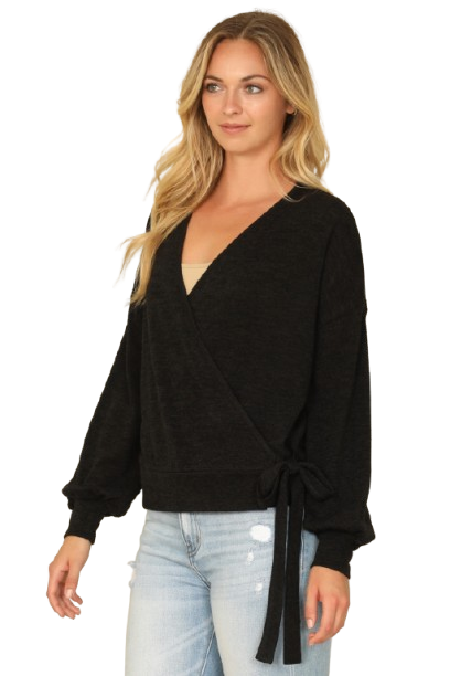 Solid Long Peasant Sleeve Surplice Neck Side Tie Top Black - Pack of 6