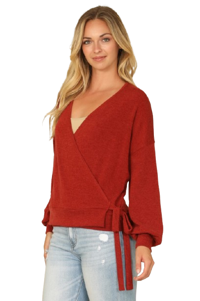 Solid Long Peasant Sleeve Surplice Neck Side Tie Top Brick - Pack of 6