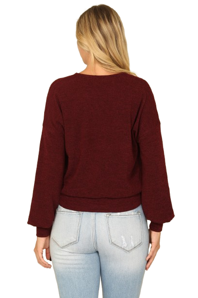 Solid Long Peasant Sleeve Surplice Neck Side Tie Top Dark Burgundy - Pack of 6