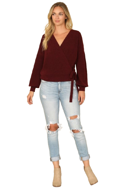 Solid Long Peasant Sleeve Surplice Neck Side Tie Top Dark Burgundy - Pack of 6