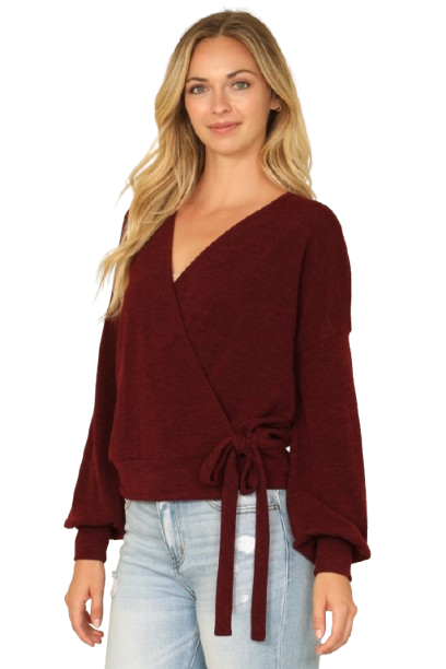 Solid Long Peasant Sleeve Surplice Neck Side Tie Top Dark Burgundy - Pack of 6