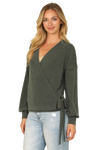 Solid Long Peasant Sleeve Surplice Neck Side Tie Top Dark Olive - Pack of 6