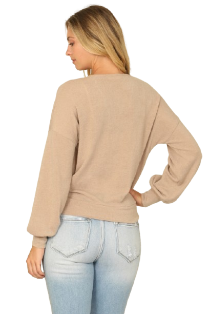 Solid Long Peasant Sleeve Surplice Neck Side Tie Top Dark Taupe - Pack of 6