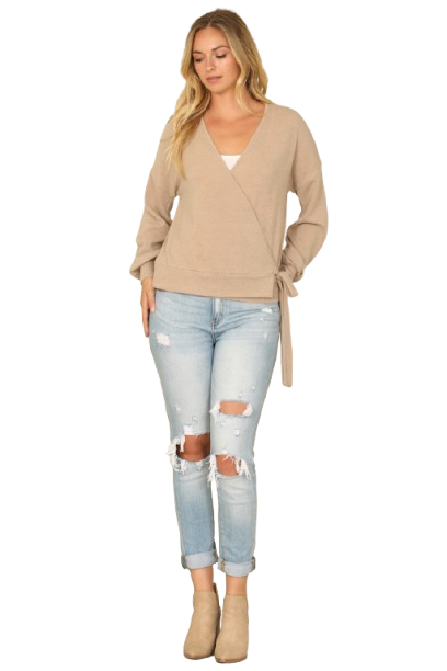 Solid Long Peasant Sleeve Surplice Neck Side Tie Top Dark Taupe - Pack of 6