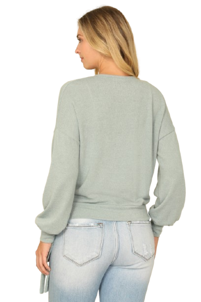 Solid Long Peasant Sleeve Surplice Neck Side Tie Top Sage - Pack of 6