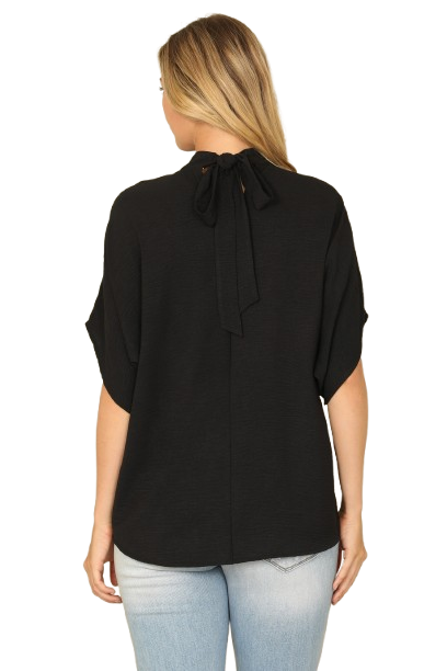 Solid Back Ribbon Dolman Sleeve High Neck Top Black - Pack of 6