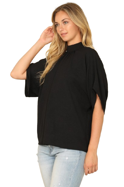 Solid Back Ribbon Dolman Sleeve High Neck Top Black - Pack of 6