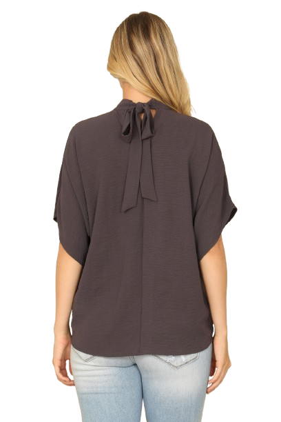 Solid Back Ribbon Dolman Sleeve High Neck Top Gun Metal - Pack of 6
