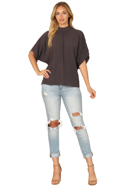 Solid Back Ribbon Dolman Sleeve High Neck Top Gun Metal - Pack of 6