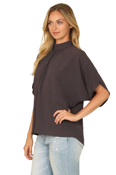 Solid Back Ribbon Dolman Sleeve High Neck Top Gun Metal - Pack of 6