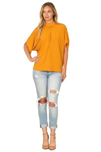 Solid Back Ribbon Dolman Sleeve High Neck Top Mustard - Pack of 6