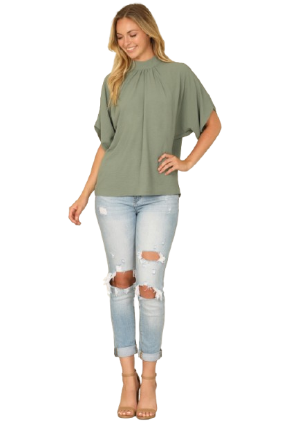 Solid Back Ribbon Dolman Sleeve High Neck Top Olive - Pack of 6