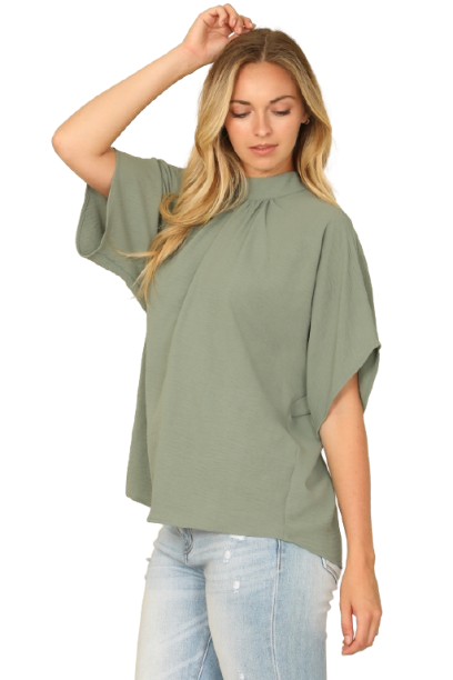 Solid Back Ribbon Dolman Sleeve High Neck Top Olive - Pack of 6