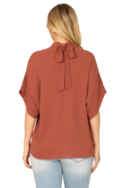 Solid Back Ribbon Dolman Sleeve High Neck Top Rust - Pack of 6