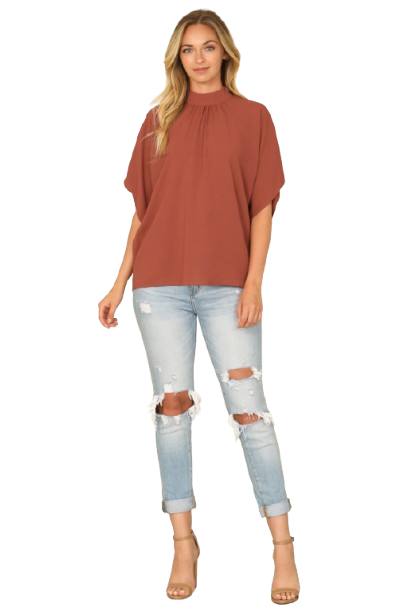 Solid Back Ribbon Dolman Sleeve High Neck Top Rust - Pack of 6