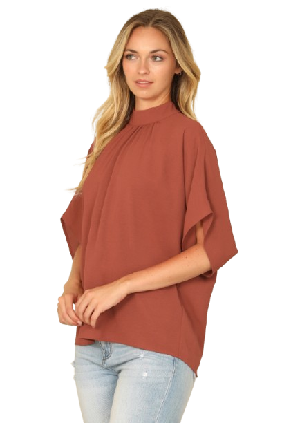 Solid Back Ribbon Dolman Sleeve High Neck Top Rust - Pack of 6