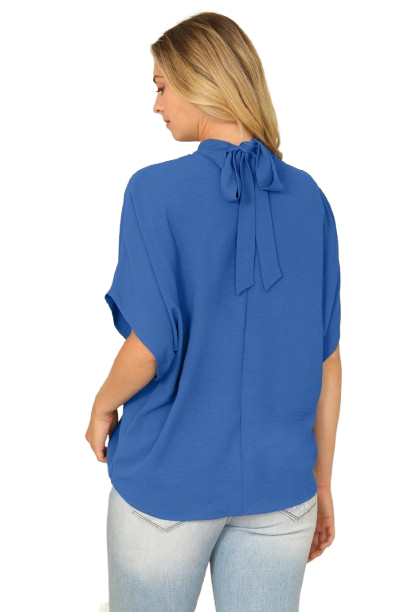 Solid Back Ribbon Dolman Sleeve High Neck Top Vintage Blue - Pack of 6