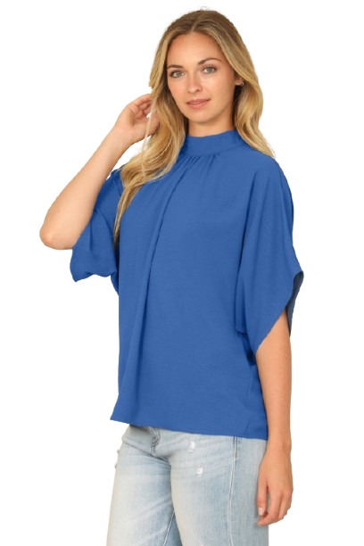 Solid Back Ribbon Dolman Sleeve High Neck Top Vintage Blue - Pack of 6