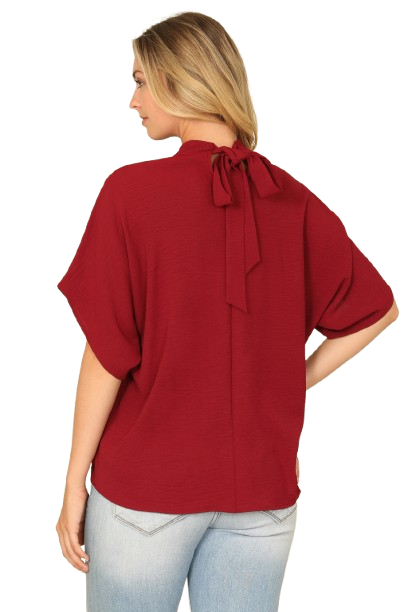 Solid Back Ribbon Dolman Sleeve High Neck Top Wine - Pack of 6