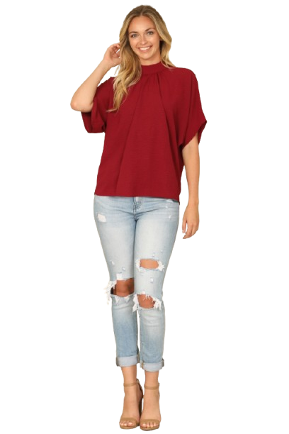 Solid Back Ribbon Dolman Sleeve High Neck Top Wine - Pack of 6