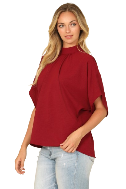 Solid Back Ribbon Dolman Sleeve High Neck Top Wine - Pack of 6