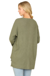 Brushed Waffle V Neck Long Sleeve Side Slit Top Army Green - Pack of 6