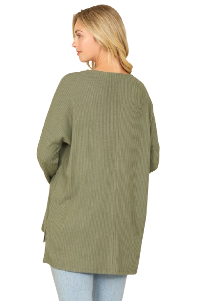 Brushed Waffle V Neck Long Sleeve Side Slit Top Army Green - Pack of 6