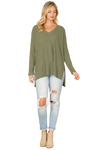 Brushed Waffle V Neck Long Sleeve Side Slit Top Army Green - Pack of 6