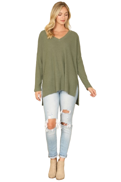 Brushed Waffle V Neck Long Sleeve Side Slit Top Army Green - Pack of 6