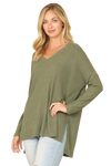 Brushed Waffle V Neck Long Sleeve Side Slit Top Army Green - Pack of 6