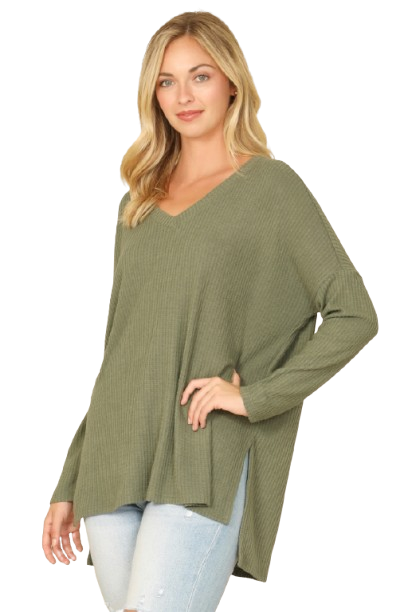 Brushed Waffle V Neck Long Sleeve Side Slit Top Army Green - Pack of 6