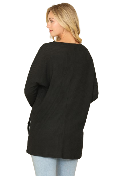 Brushed Waffle V Neck Long Sleeve Side Slit Top Black - Pack of 6